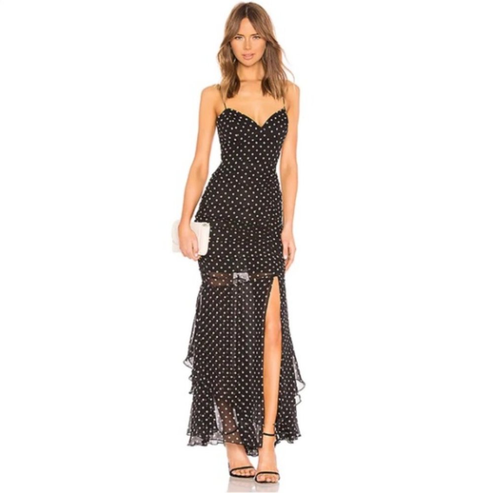 NICHOLAS Silk Chiffon Polka Dot Ruched Maxi Dress Gown - XS